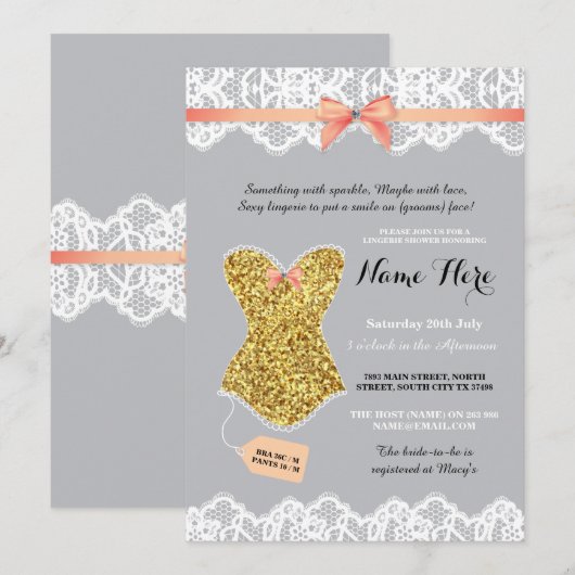 Lingerie Shower Bridal Gold Coral Glitter Invite Kaart (Voorkant / Achterkant)