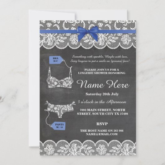 Lingerie Shower Bridal Party Blue Bow Lace Invite Kaart (Voorkant)