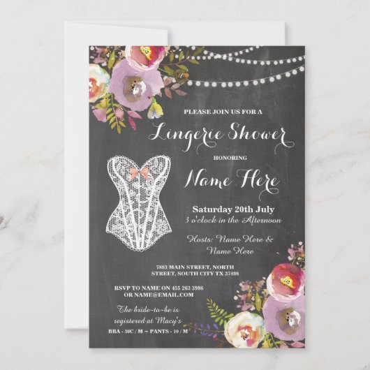 Lingerie Shower Bridal Party Chalk Floral Invite Kaart (Voorkant)