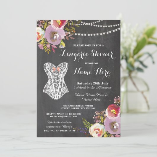 Lingerie Shower Bridal Party Chalk Floral Invite Kaart (Staand voorkant)