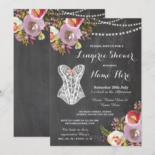 Lingerie Shower Bridal Party Chalk Floral Invite Kaart (Voorkant / Achterkant)