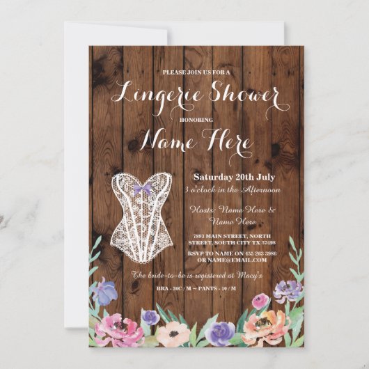 Lingerie Shower Bridal Party Wood Floral Invite Kaart (Voorkant)