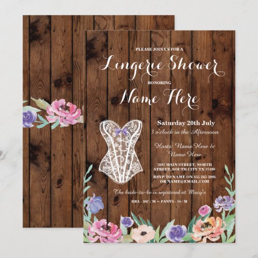 Lingerie Shower Bridal Party Wood Floral Invite Kaart (Voorkant / Achterkant)