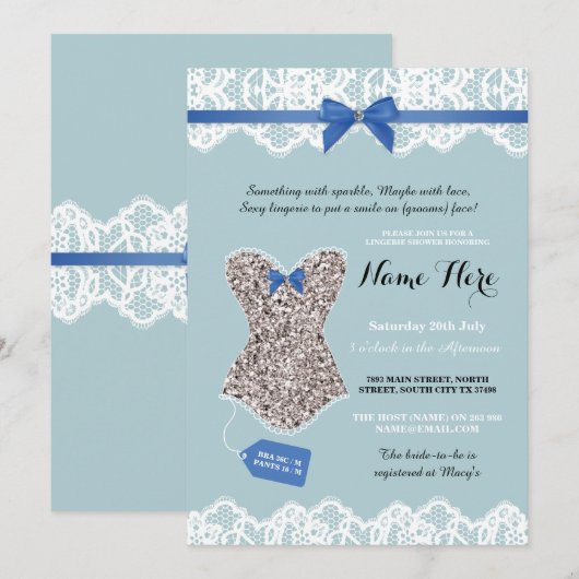 Lingerie Shower Bridal Silver Blue Glitter Invite Kaart (Voorkant / Achterkant)
