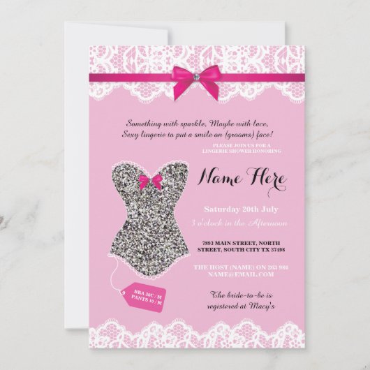 Lingerie Shower Bridal Silver Glitter Invite Kaart (Voorkant)