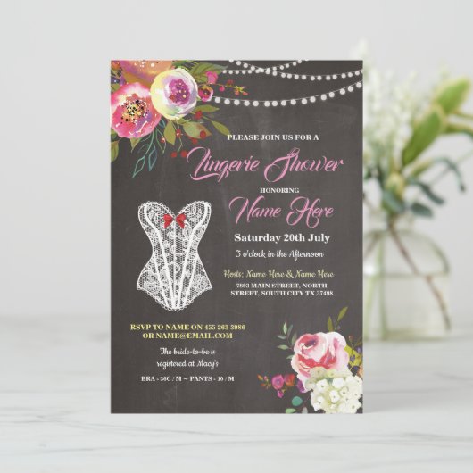 Lingerie Shower Chalk Corset Flowers nodigt roze u Kaart (Staand voorkant)