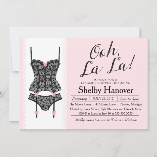 Lingerie Shower Invite, Ooh La Black & Pink Lace Kaart (Voorkant)