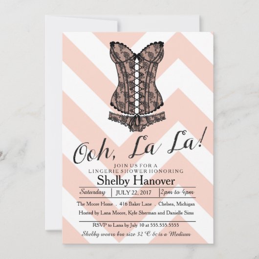 Lingerie Shower, ooh la | Roze chevron zwarte kant Kaart (Voorkant)