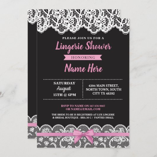 Lingerie Shower Pink Black Lace Bow Uitnodiging (Voorkant / Achterkant)