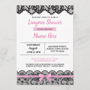 Lingerie Shower Pink Bow Invitation Black Lace Kaart