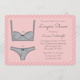 Lingerie Shower Roze Strepen met Grijze Uitnodigin Kaart