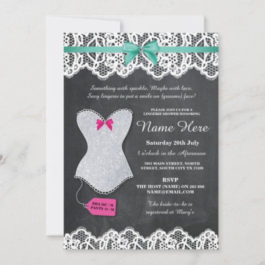 Lingerie Shower Silver Glitter Corset Mint nodigt  Kaart (Voorkant)