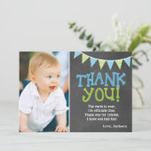 Linggroen en blauw karton jongen eerste verjaardag bedankkaart (Staand voorkant)