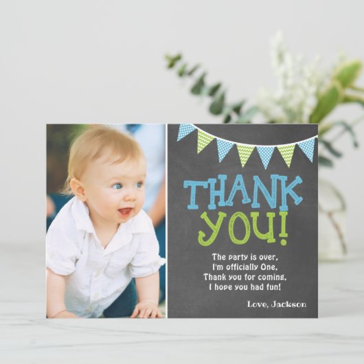 Linggroen en blauw karton jongen eerste verjaardag bedankkaart (Staand voorkant)