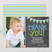 Linggroen en blauw karton jongen eerste verjaardag bedankkaart (Voorkant / Achterkant)