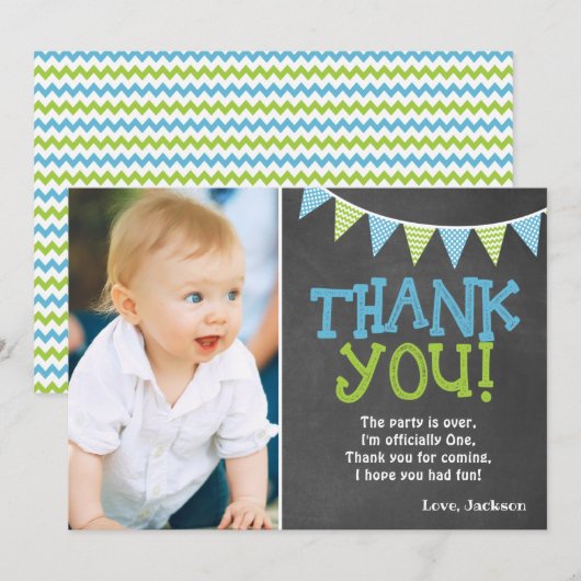 Linggroen en blauw karton jongen eerste verjaardag bedankkaart (Voorkant / Achterkant)