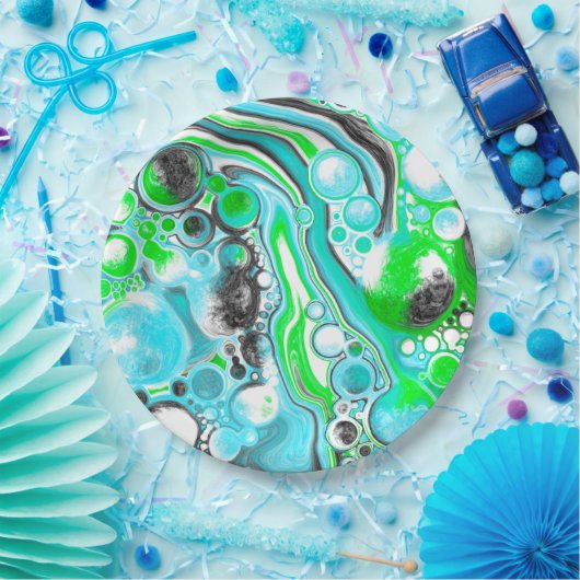 Linggroen en blauwe marmer zoals Swirls Bubbles Papieren Bordje (Feest)