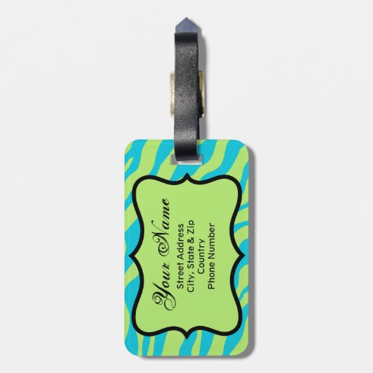 Linggroen en Turquoise Zebra & Cheetah Roze ventil Bagagelabel (Achterkant verticaal)
