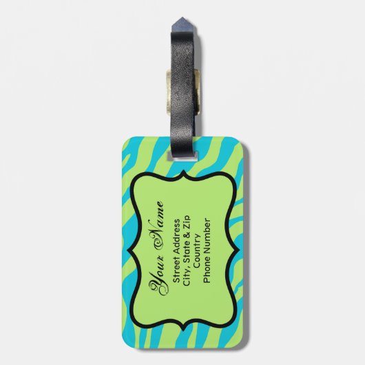 Linggroen en Turquoise Zebra & Cheetah Roze ventil Bagagelabel (Achterkant verticaal)