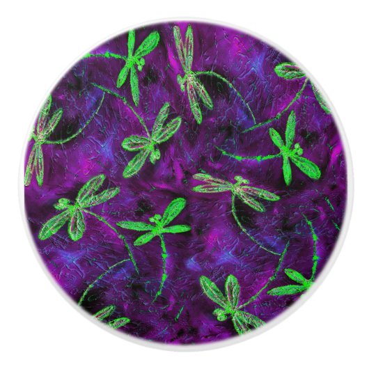 Linggroene libellen op Hot Pink en Paars Keramische Knop (Voorkant)