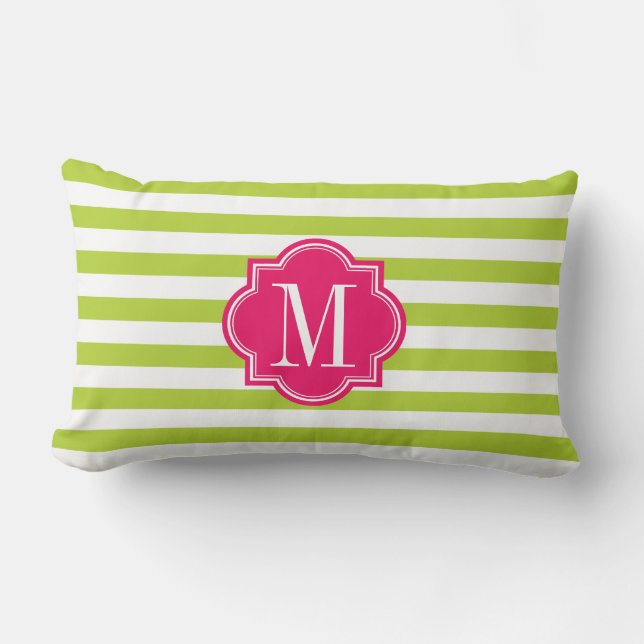Linggroene strips met warmroze monogram kussen (Voorkant)