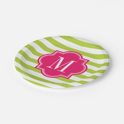 Linggroene strips met warmroze monogram papieren bordje (Gekanteld)