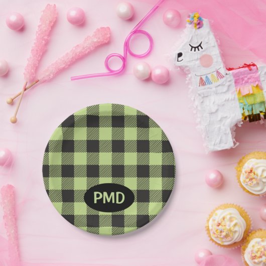 Linggroene zwarte buffelmonogram Initialen Papieren Bordje (Feest)