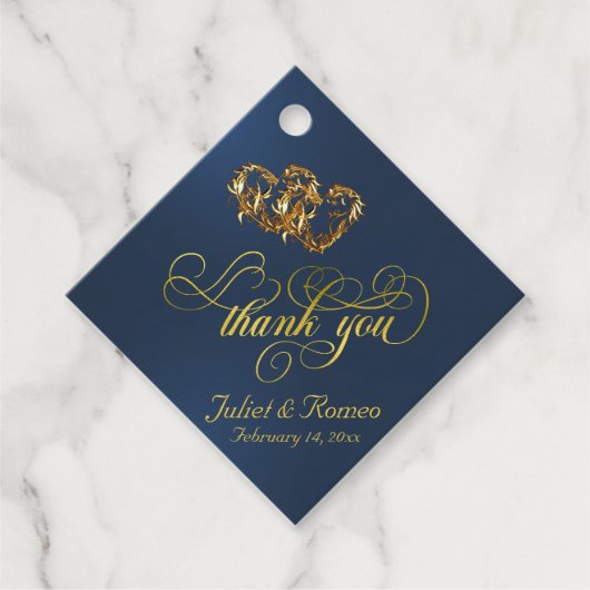 Linked Hearts Kalligrafie - Blauw/Goud Bedankjes Labels (Voorkant)