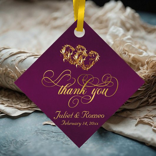 Linked Hearts Kalligrafie - Paarse/Gouden Bedankjes Labels