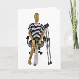 Linkerbeen in gips in een stoel met krukken kaart