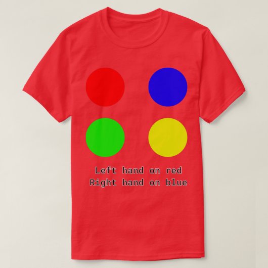 Linkerhand op rood Rechtse hand op blauw schroefon T-shirt (Design voorkant)