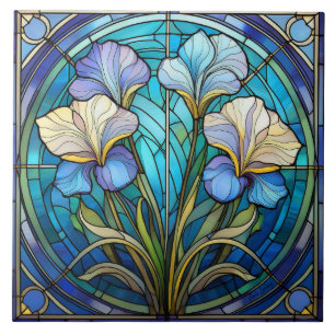 Links Bloemen Iris Art Nouveau Blauw Groen Retro Tegeltje