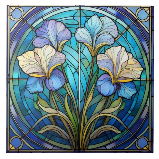 Links Bloemen Iris Art Nouveau Blauw Groen Retro Tegeltje (Voorkant)