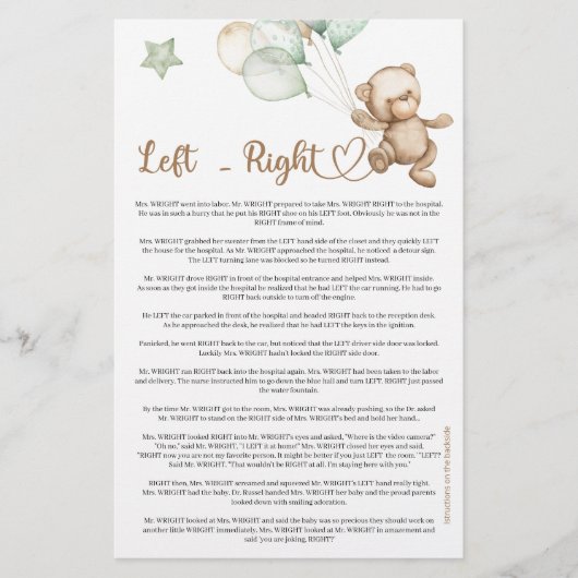 Links Rechts Teddy Bear Baby shower (Voorkant)