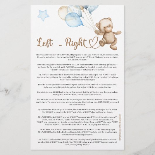 Links Rechts Teddy Bear Baby shower (Voorkant)