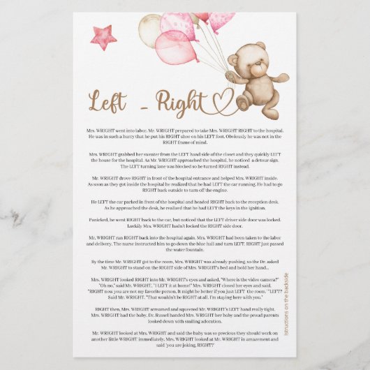 Links Rechts teddybeer baby shower (Voorkant)