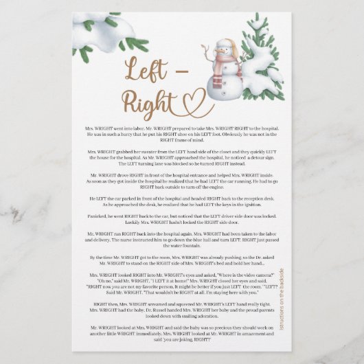 Links Rechts Winter Baby shower Spel (Voorkant)