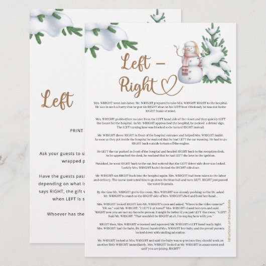 Links Rechts Winter Baby shower Spel (Voorkant / Achterkant)