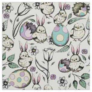 Linnen Baby Chicks, Konijnenoren, Bloemen & Eieren Stof