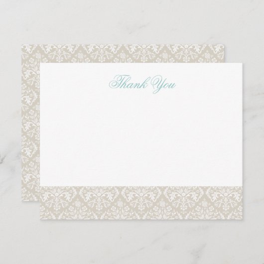 Linnen Beige Elegant Damask Bedankt Opmerking Kaar (Voorkant / Achterkant)