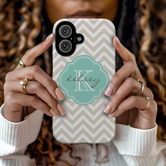 Linnen Beige en Aqua Chevron Custom Monogram Case-Mate iPhone Case