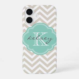 Linnen Beige en Aqua Chevron Custom Monogram iPhone 16 Hoesje