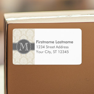 Linnen beige en koolzwart damastpatroon etiket