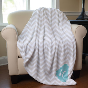 Linnen Beige en Mint Zigzag Patroon Monogram Fleece Deken