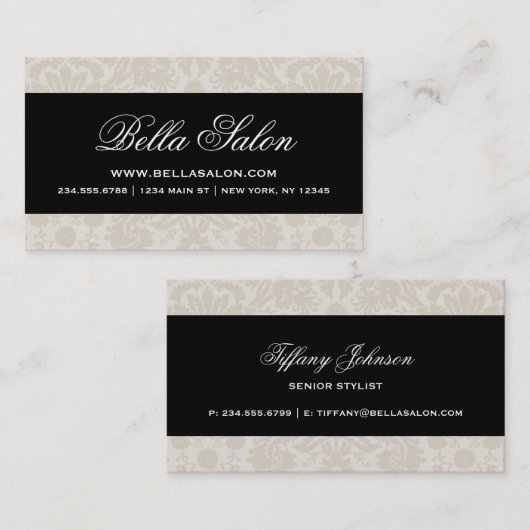 Linnen Beige en zwart Elegant  Damask Visitekaartje (Voorkant / Achterkant)