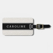 Linnen Beige en Zwart Grieks Key Custom Monogram Bagagelabel (Voorkant horizontaal)