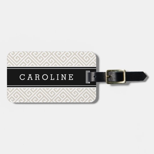 Linnen Beige en Zwart Grieks Key Custom Monogram Bagagelabel (Voorkant horizontaal)
