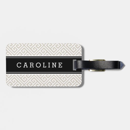 Linnen Beige en Zwart Grieks Key Custom Monogram Bagagelabel (Achterkant horizontaal)