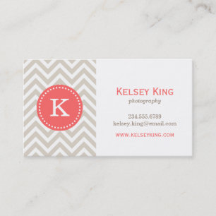 Linnen Beige & koraal Chevron Custom Monogram Visitekaartje
