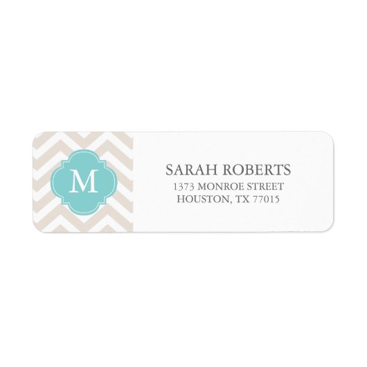 Linnen Beige & Mint Zigzags Patroon Monogram Etiket (Voorkant)